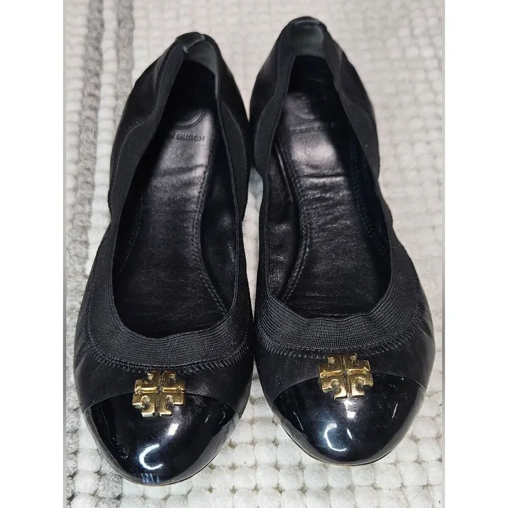 Tory Burch Ballet Flats Size-8 Black Gold Leather Jolie Stretch Shoes.